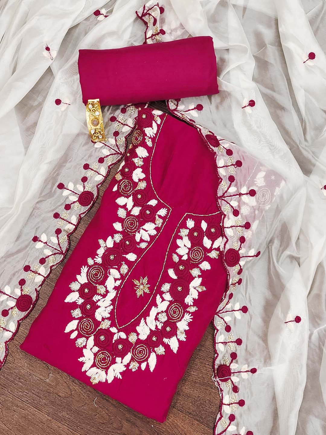 

SAINOOR Embroidered Pure Silk Semi-Stitched Dress Material, Pink
