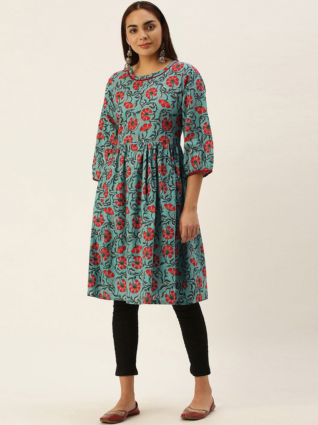 

HRITIKA Floral Printed Pure Cotton Anarkali Kurta, Green