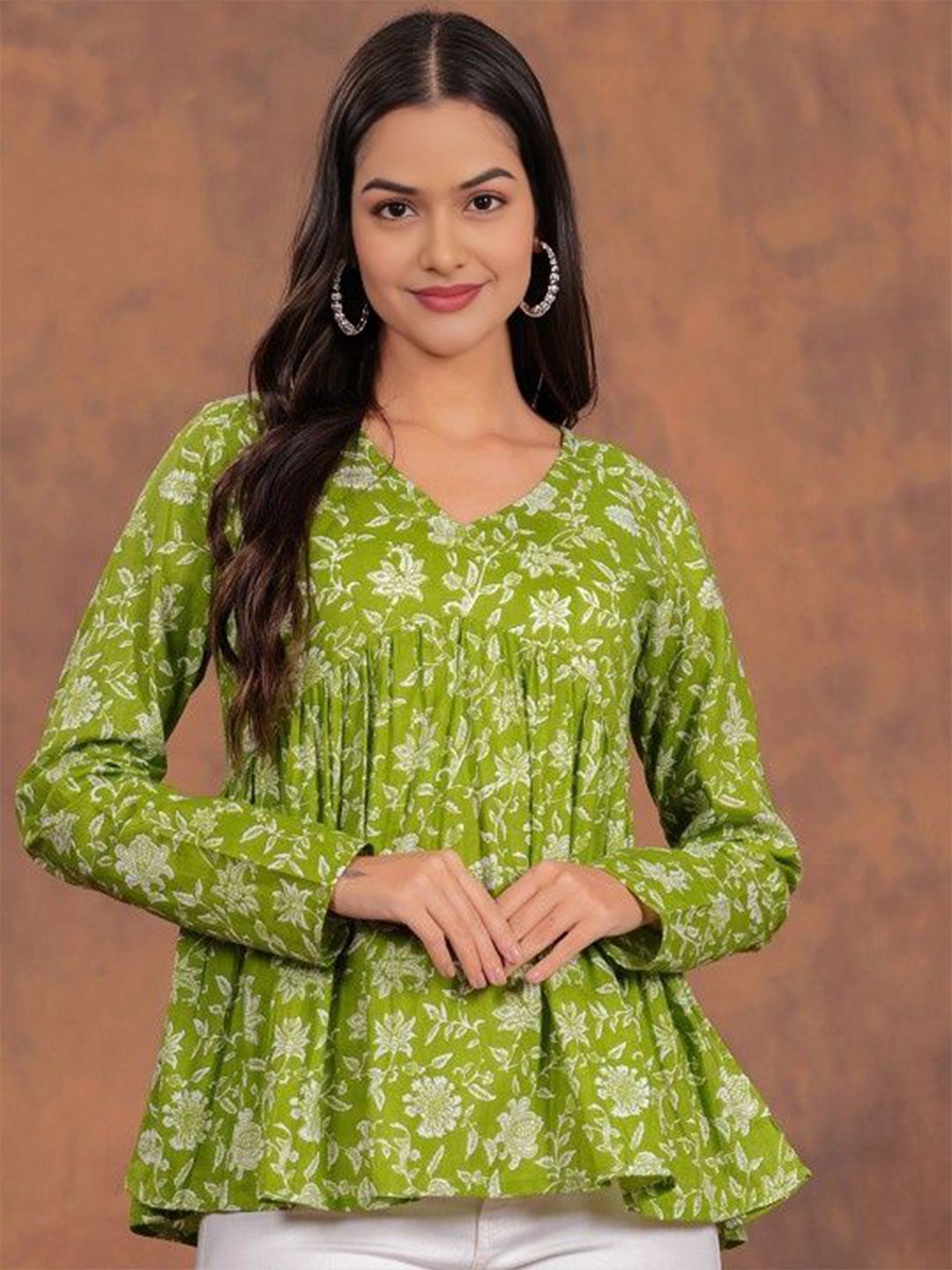 

Royal Marque Floral Print Cotton Peplum Top, Green