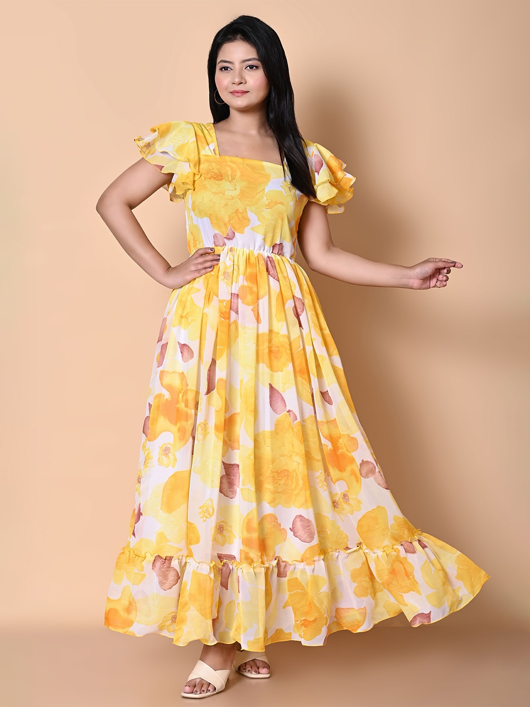 

BAESD Floral Print Flared Sleeve Georgette Maxi Dress, Yellow