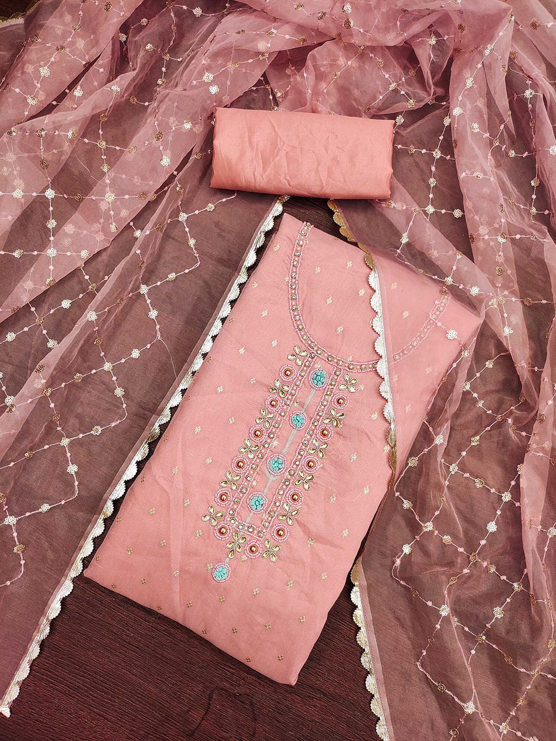 

SAINOOR Organza Semi-Stitched Dress Material, Pink