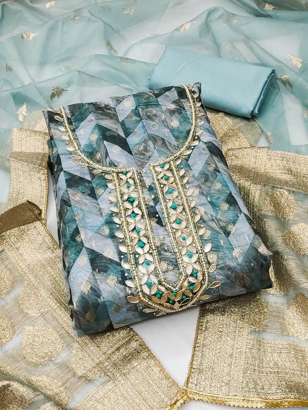 

SAINOOR Organza Semi-Stitched Dress Material, Teal
