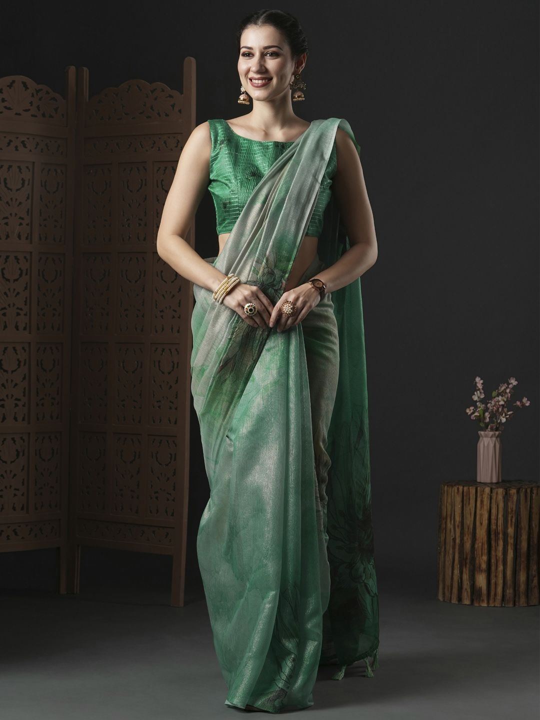 

Mitera Floral Organza Saree, Green