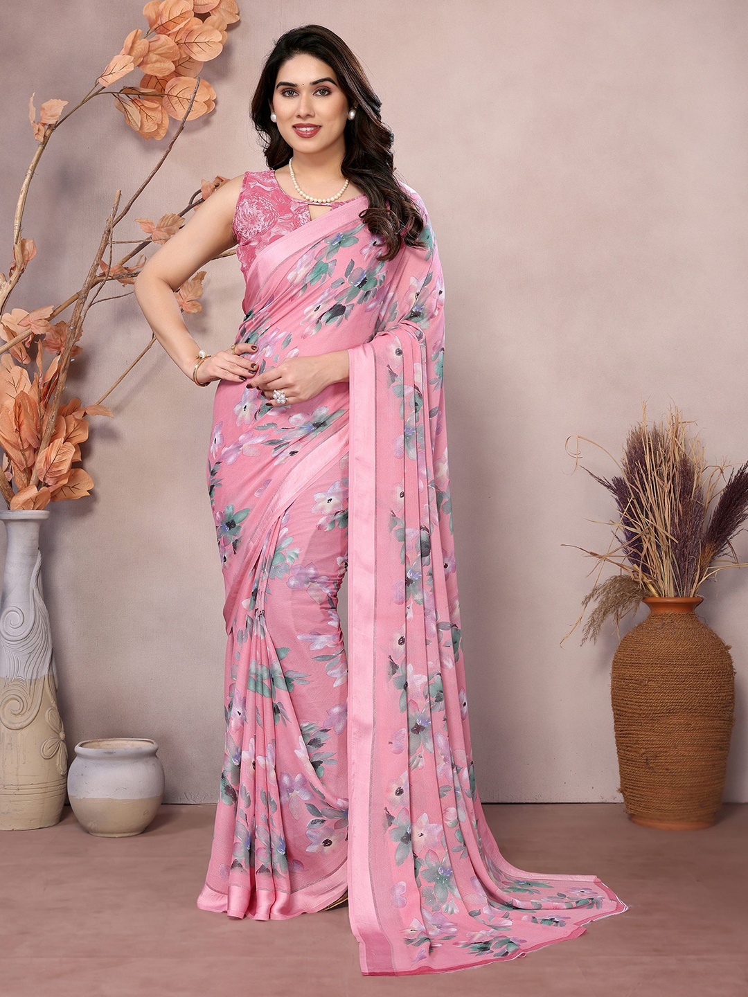 

Moda Rapido Floral Satin Saree, Pink