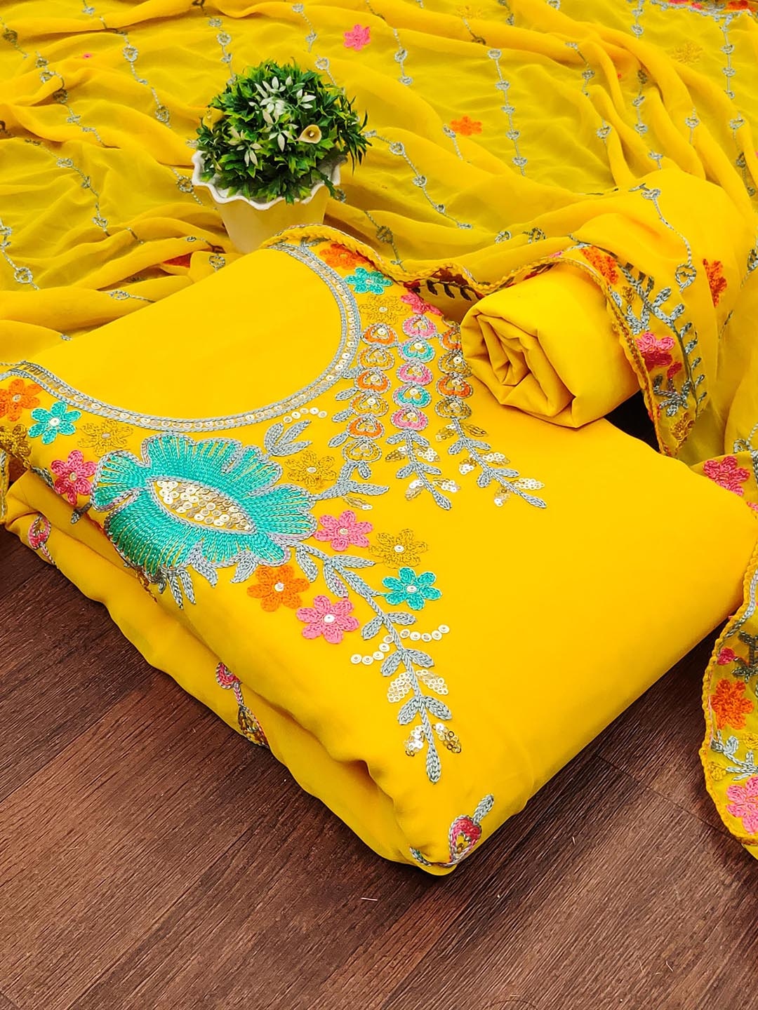 

SAINOOR Floral Embroidered Silk Georgette Unstitched Dress Material, Yellow