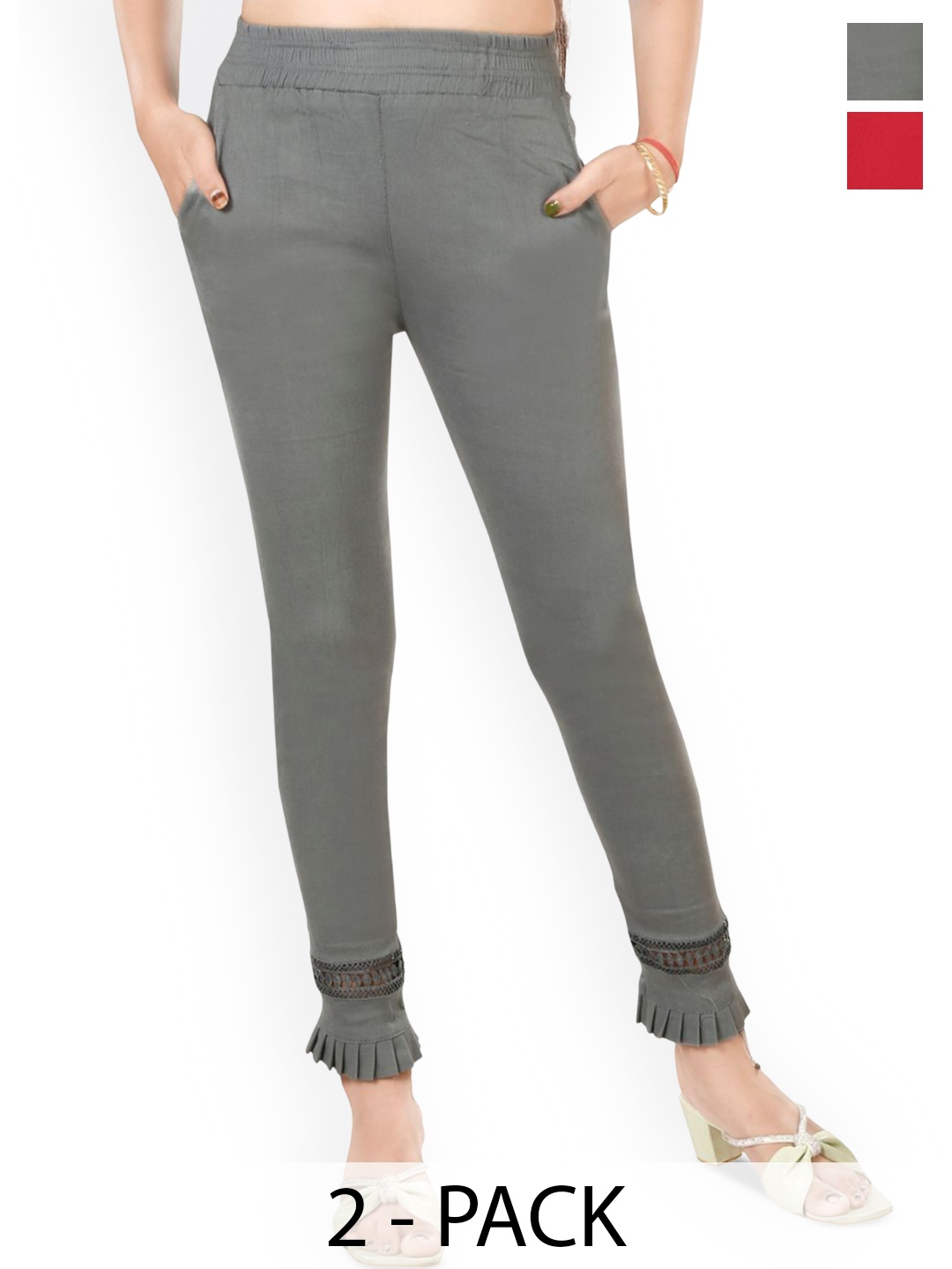 

Fessist Pack of 2 Women Relaxed Slim Fit Easy Wash Pleated Trousers, Multi