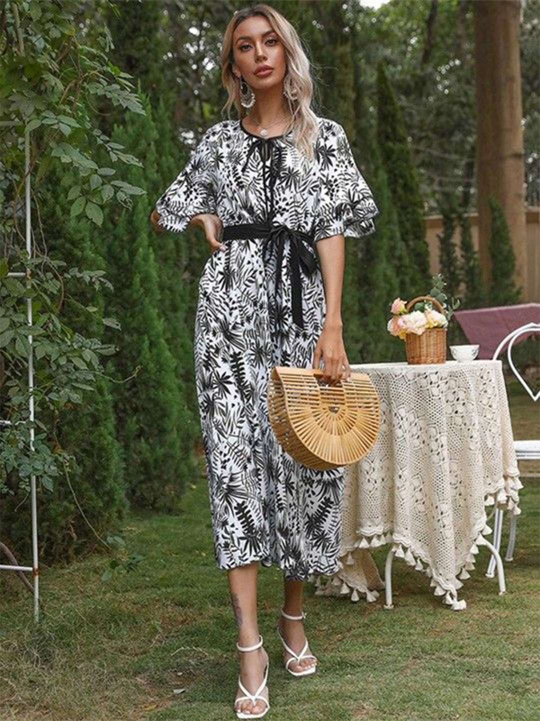 

HERE&NOW Floral Print Tie-Up Neck A-Line Midi Dress, White