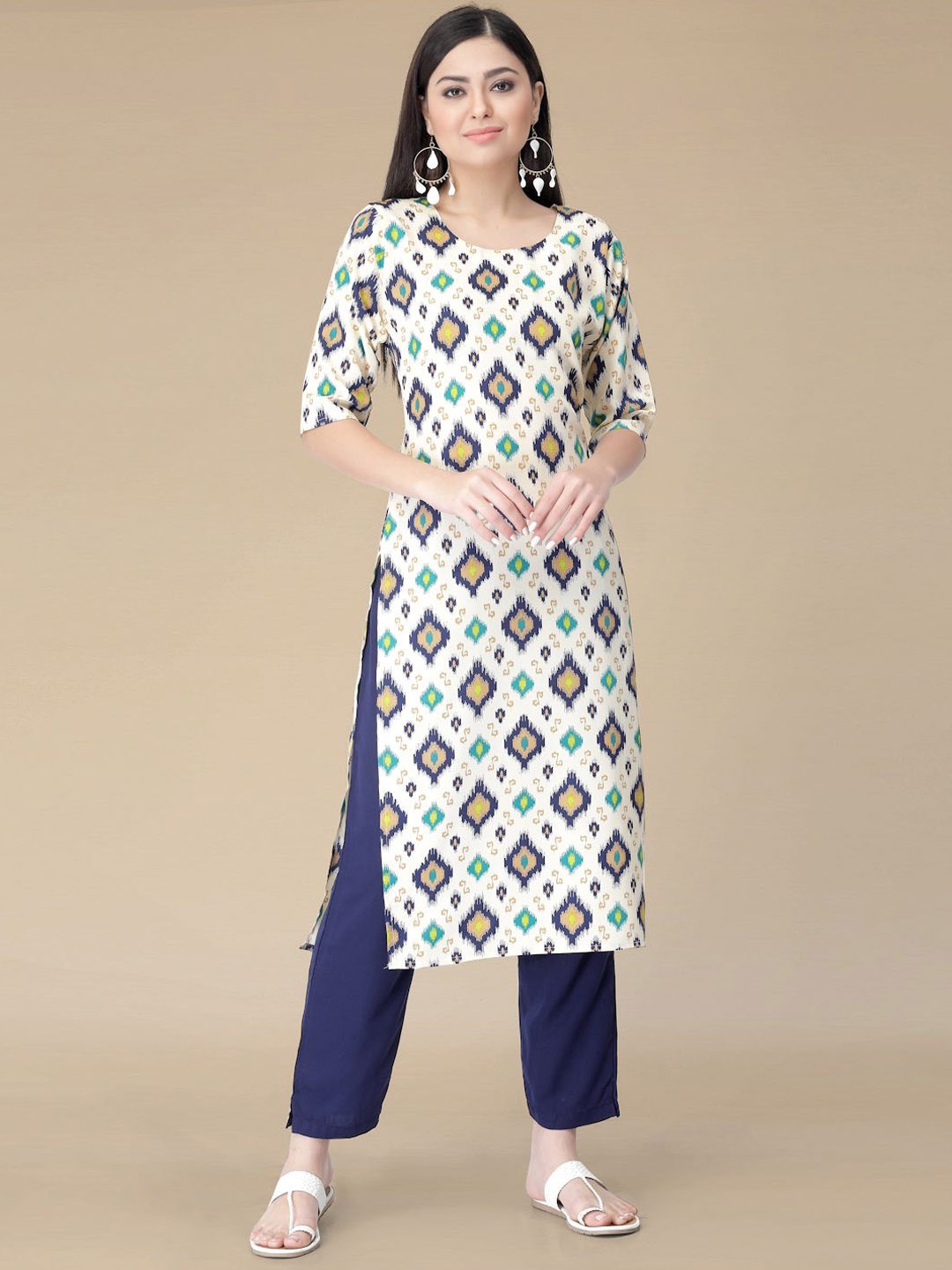 

Moda Rapido White & navy blue Ethnic Motifs Printed Straight Kurta with Trousers
