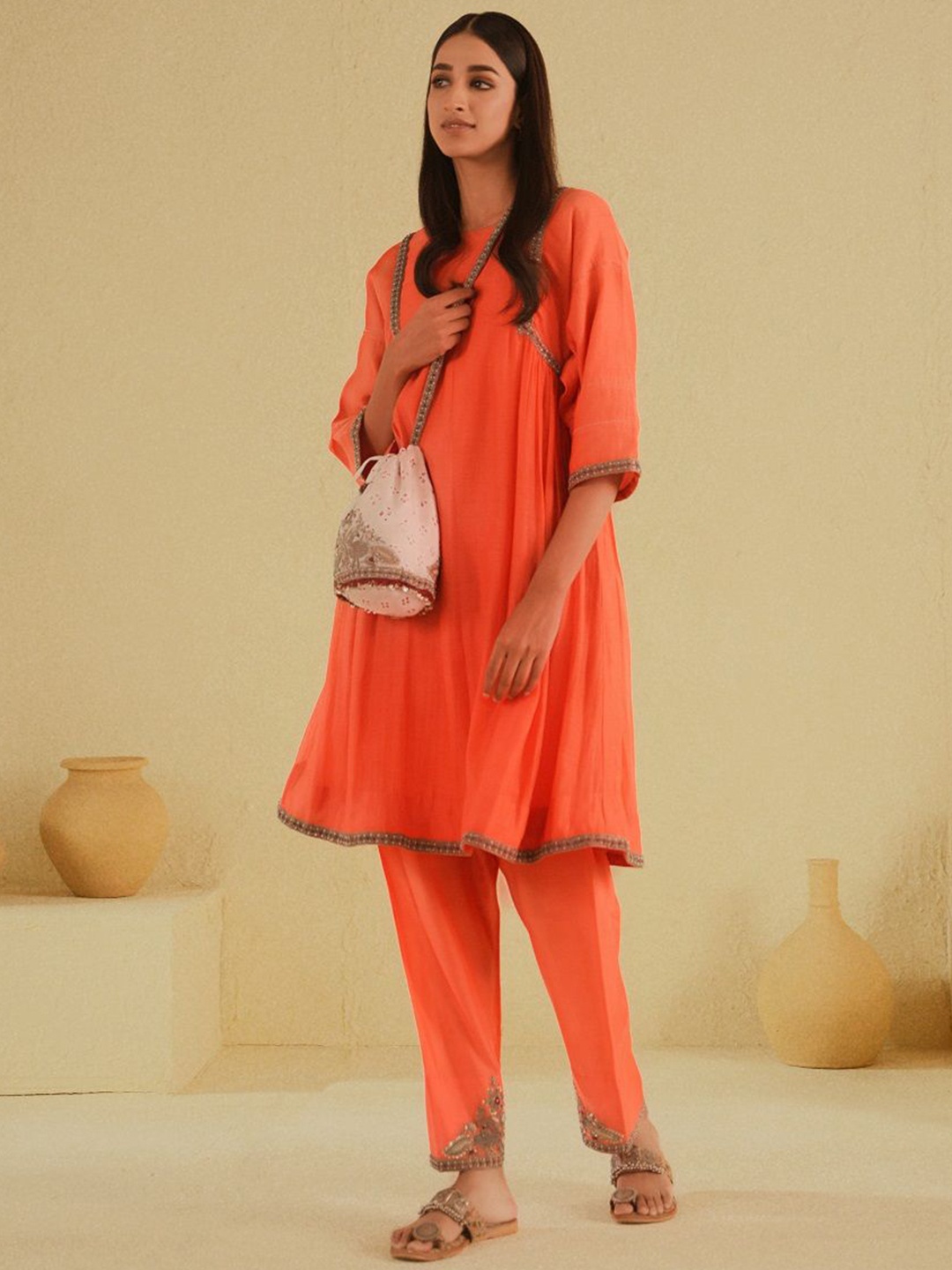 

SUSHRAM Round Neck Chanderi Silk Kurta With Trousers, Coral