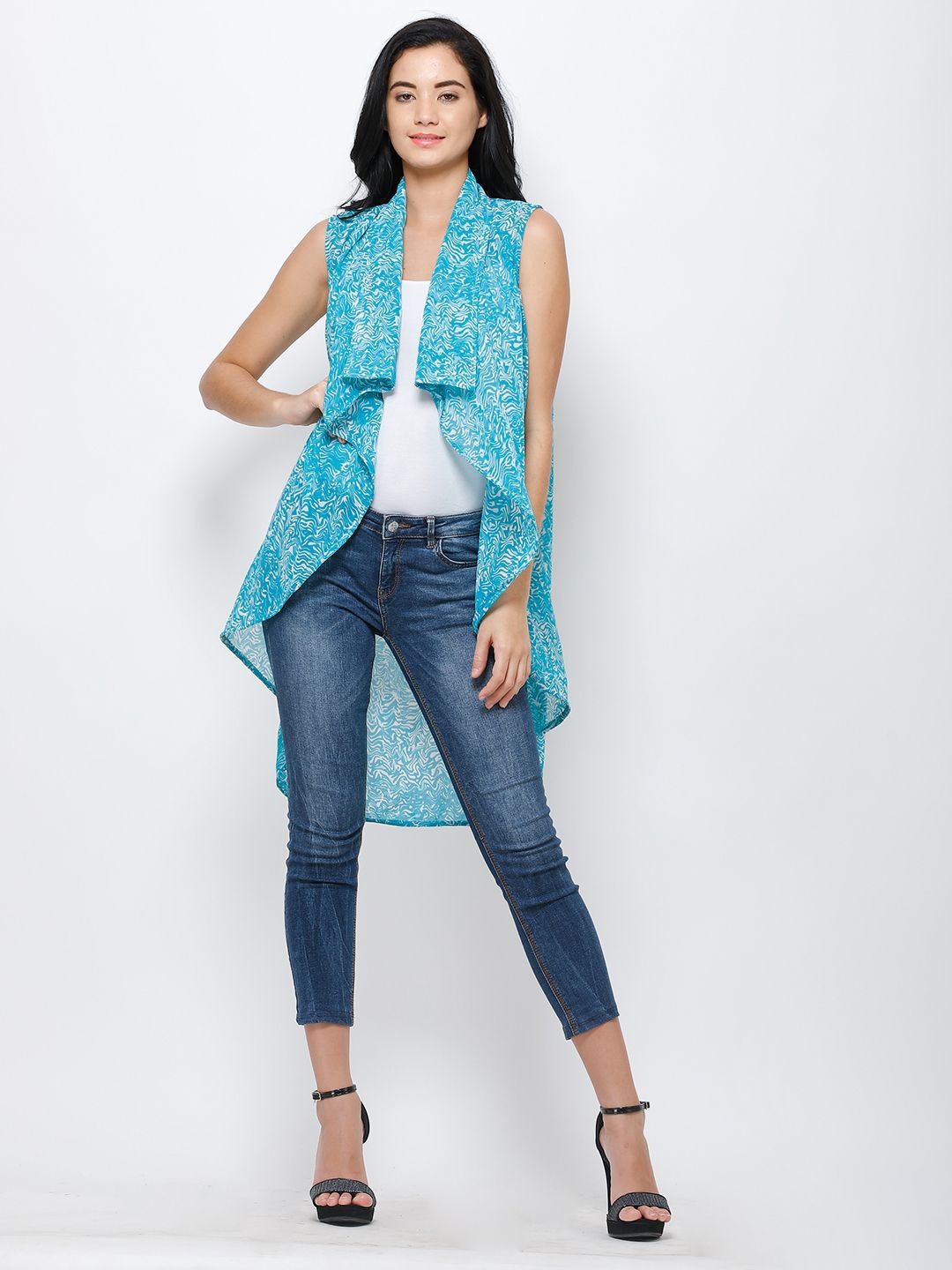 

Moda Rapido Printed Mandarin Collar Open Front Shrug, Blue