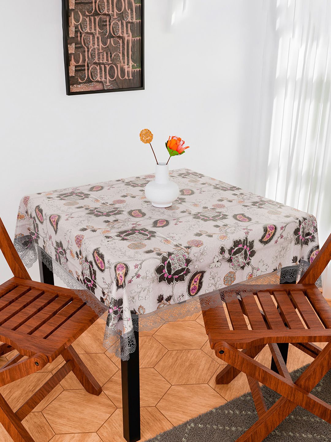 

Kuber Industries White & Black Floral Printed Anti-Skid 2-Seater Table Cover