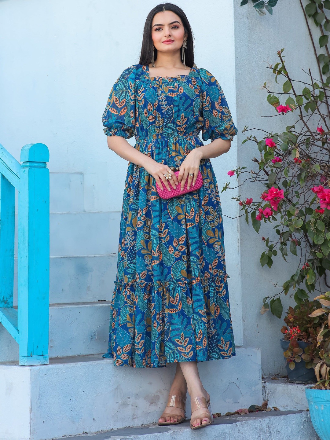 

Krunal Raiyani Floral Print Crepe Fit & Flare Maxi Dress, Blue