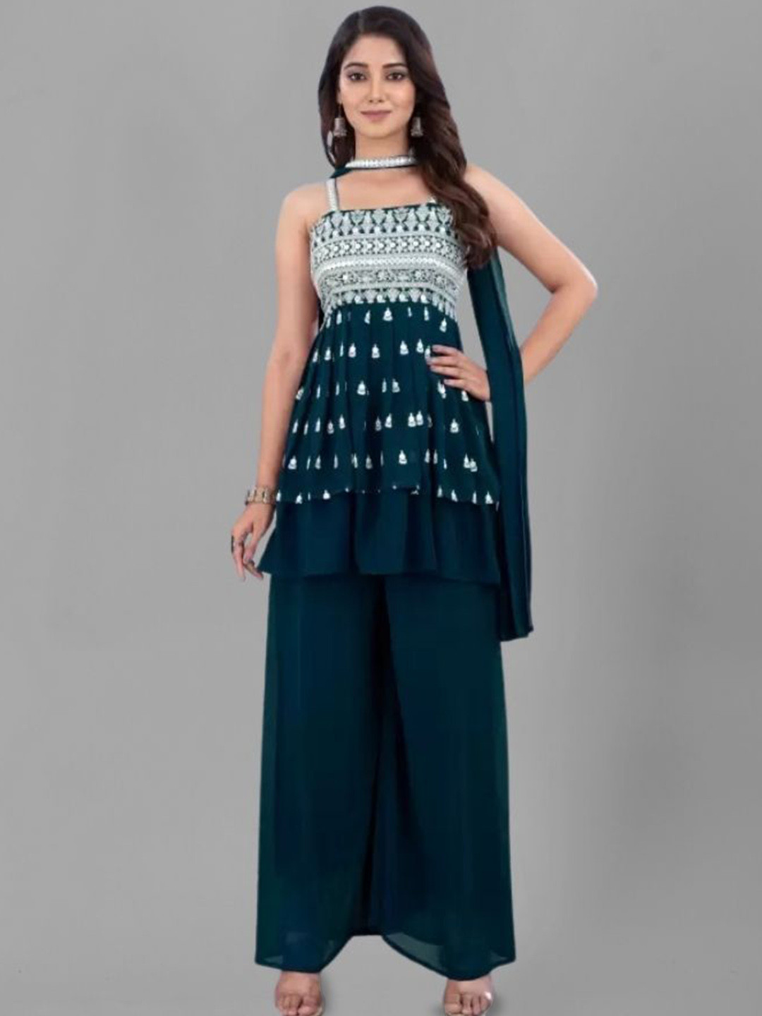 

PARROT CREATION Floral Embroidered Sequinned Square Neck Kurti with Sharara & Dupatta, Green