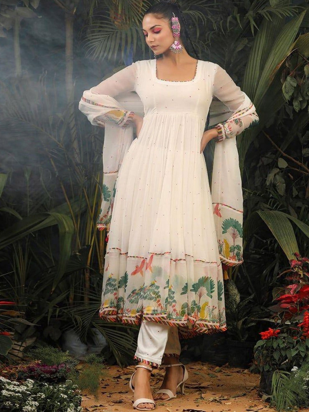 

NIZA FASHION Women Floral Embroidered Regular Kurta with Trousers & With Dupatta, Cream