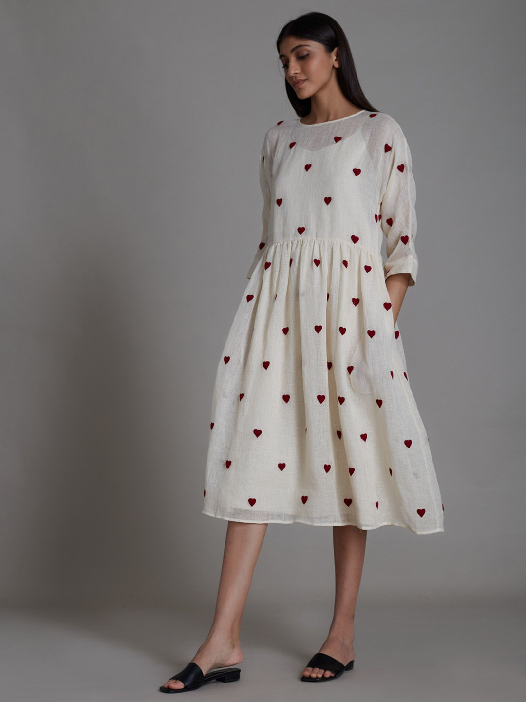 

MATI Polka Dot Print Linen A-Line Midi Dress, White