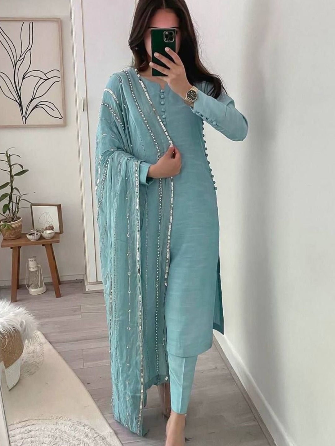 

Bought First Round Neck Kurta With Trousers And Dupatta, Turquoise blue