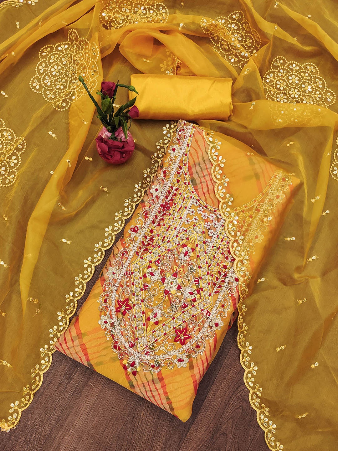 

SAINOOR Embellished Organza Semi-Stitched Dress Material, Mustard