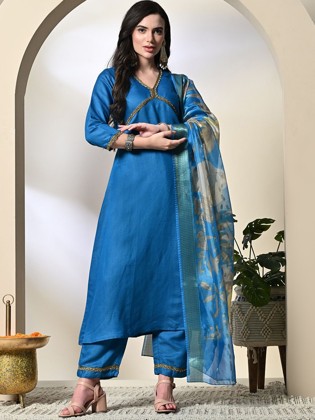 

KALINI Floral Yoke Design Zari V-Neck Pure Silk A-Line Kurta With Trouser & Dupatta, Blue