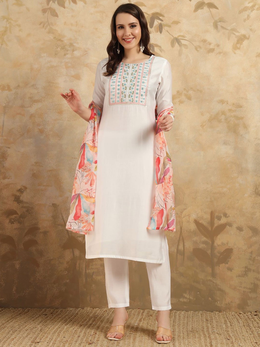 

Anouk Women Floral Yoke Design Regular Thread Work Kurti with Trousers & With Dupatta, White