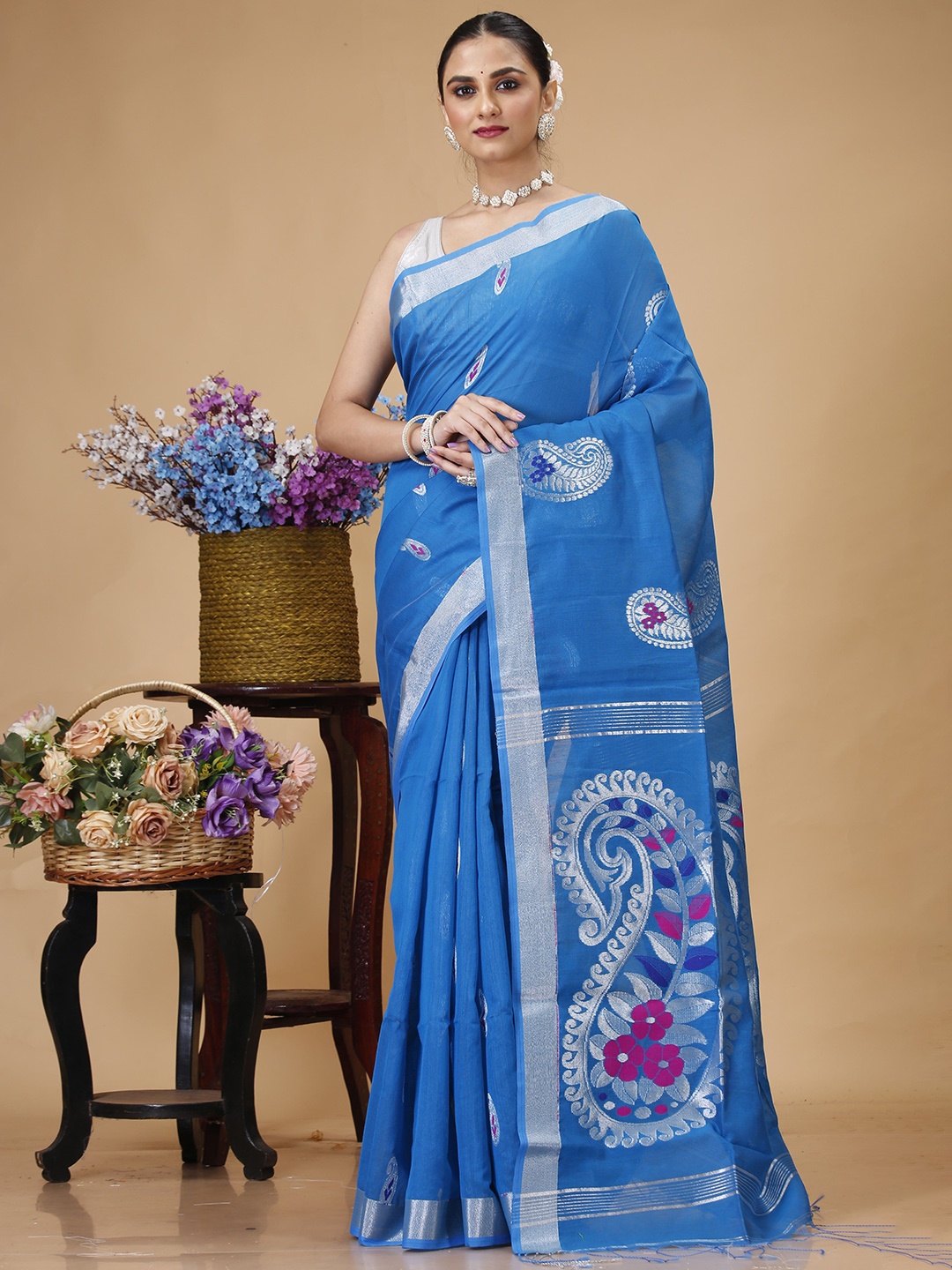 

SLAGHA Ethnic Motifs Zari Silk Cotton Taant Saree, Teal
