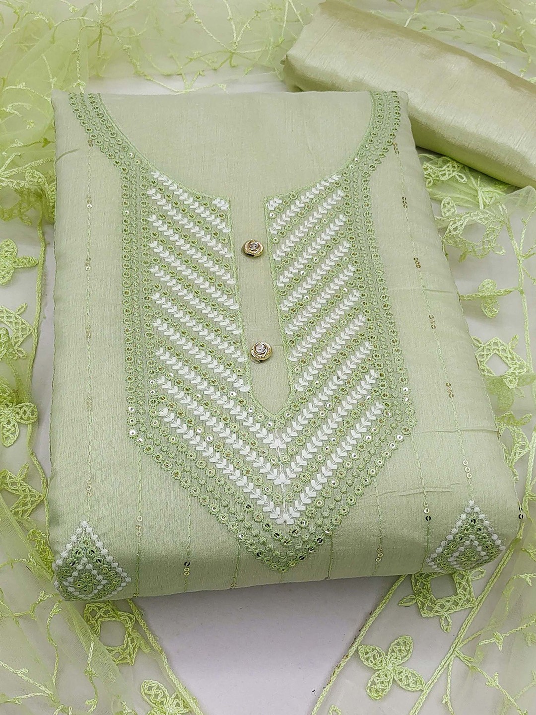 

SAINOOR Sequinned Embroidered Semi-Stitched Dress Material, Green