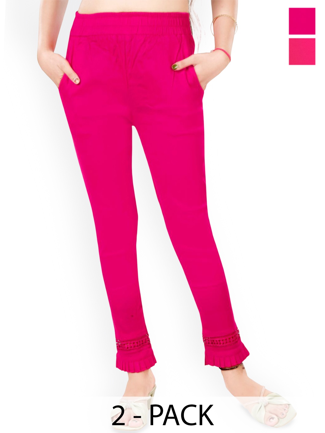 

Fessist Pack of 2 Women Relaxed Slim Fit Easy Wash Pleated Trousers, Pink