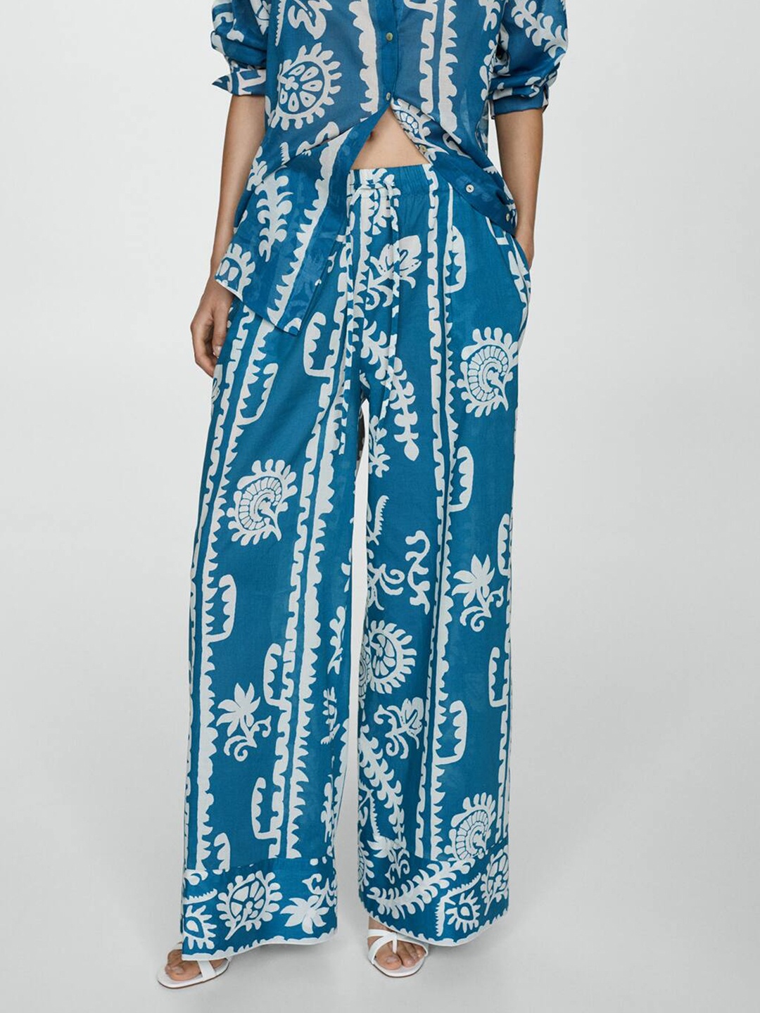 

MANGO Women Floral Printed Cotton Trousers, Blue