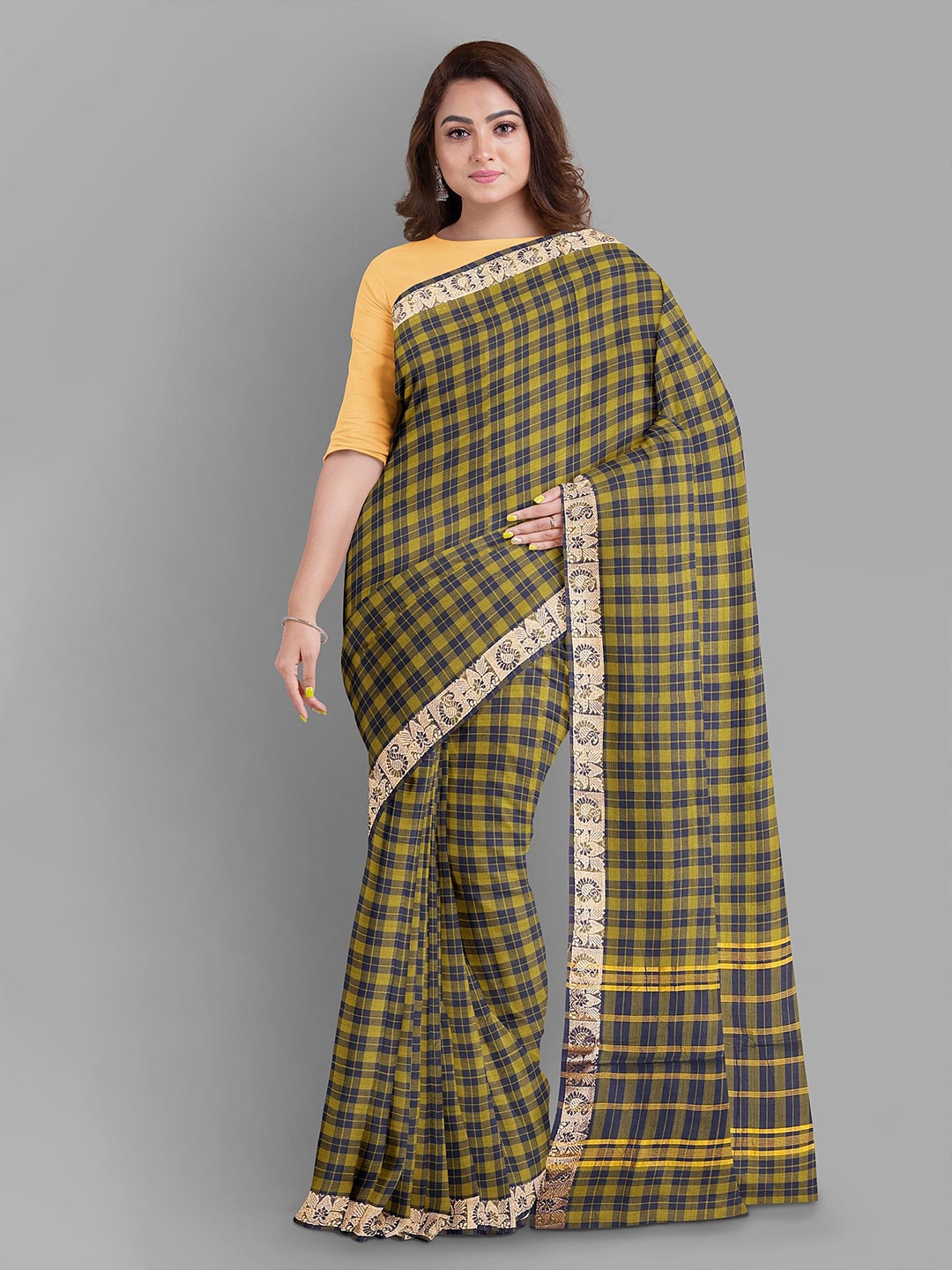 

The Chennai Silks Checked Pure Cotton Fusion Chettinad Saree, Green