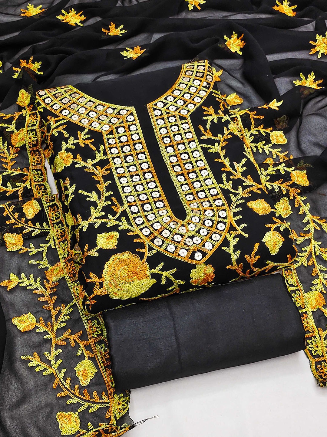 

SAINOOR Floral Sequinned Embroidered Silk Georgette Unstitched Dress Material, Black