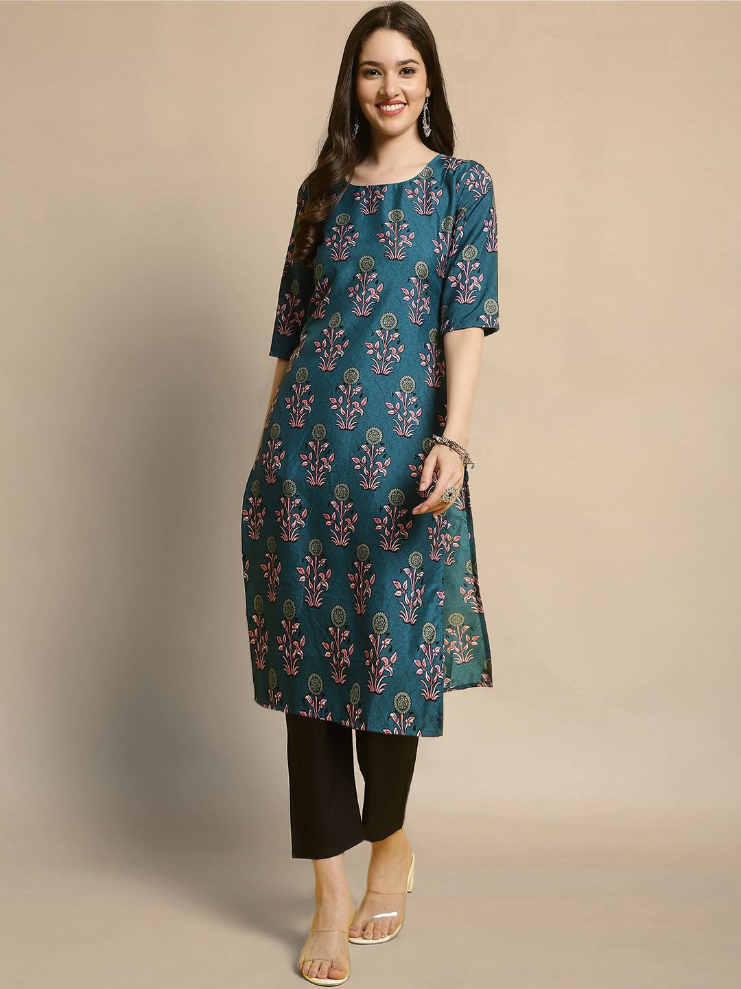 

Moda Rapido Floral Printed Round Neck Straight Kurta With Trousers, Teal