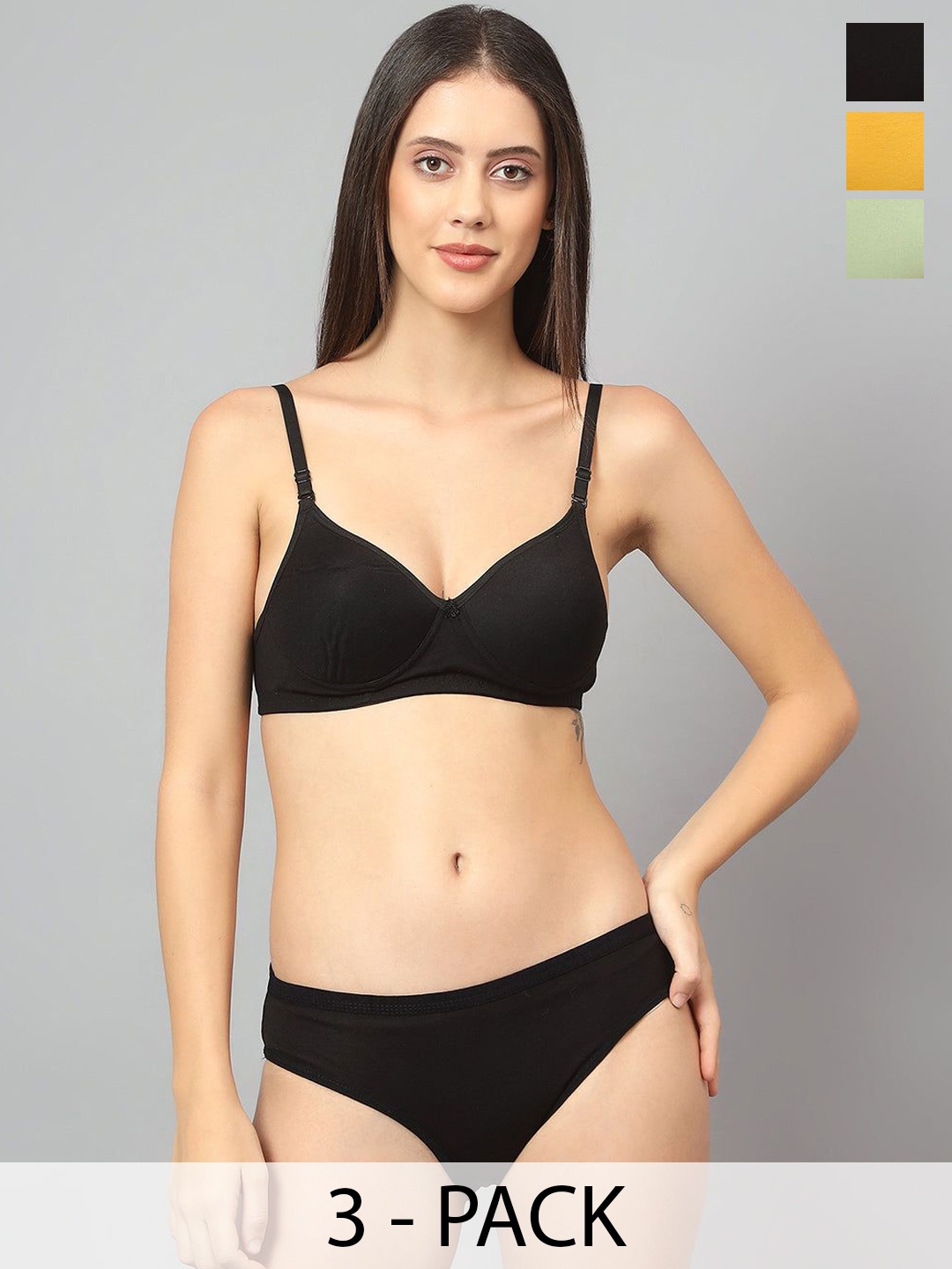 

Designer Bugs Pack Of 3 Cotton Non Padded Non Wired Lingerie Set NPLS-B-Y-LG-30B, Black