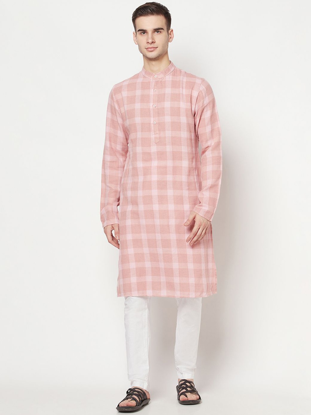 

Moda Rapido Checked Printed Band Collar Cotton Straight Kurta, Pink