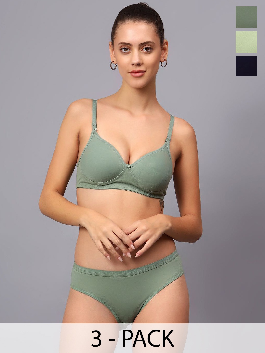 

Designer Bugs Pack Of 3 Cotton Non Padded Non Wired Lingerie Set NPLS-O-NB-LG-30B, Olive