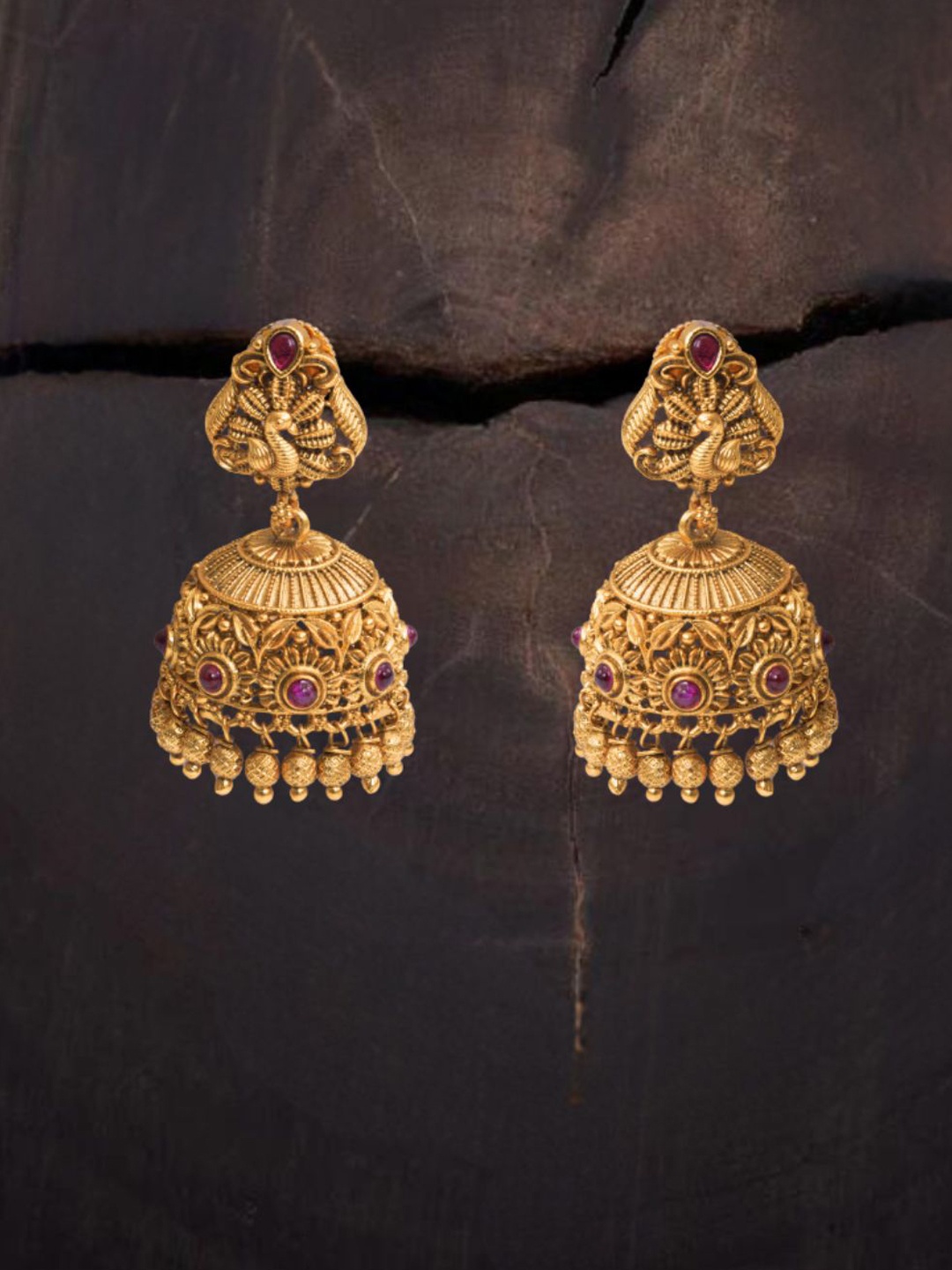 

South Temple Gold-Plated Stones Studded And Beaded Dome Shaped Jhumkas