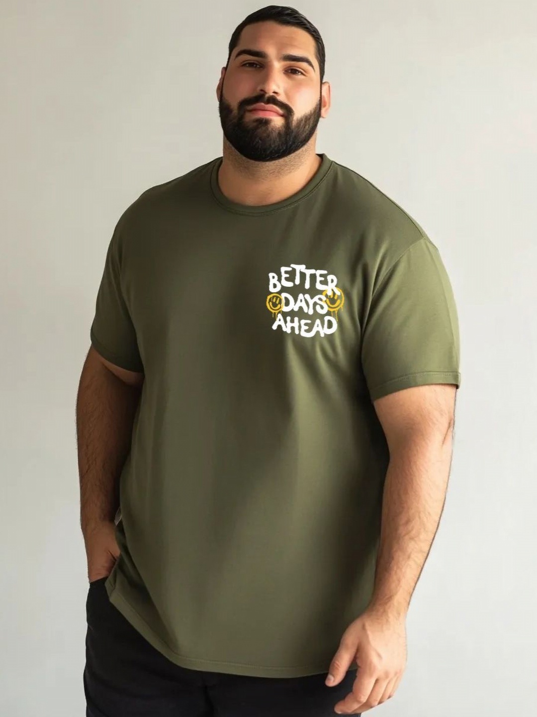

Toodle Plus Plus Size Graphic Printed Round Neck Pure Cotton T-Shirt, Olive
