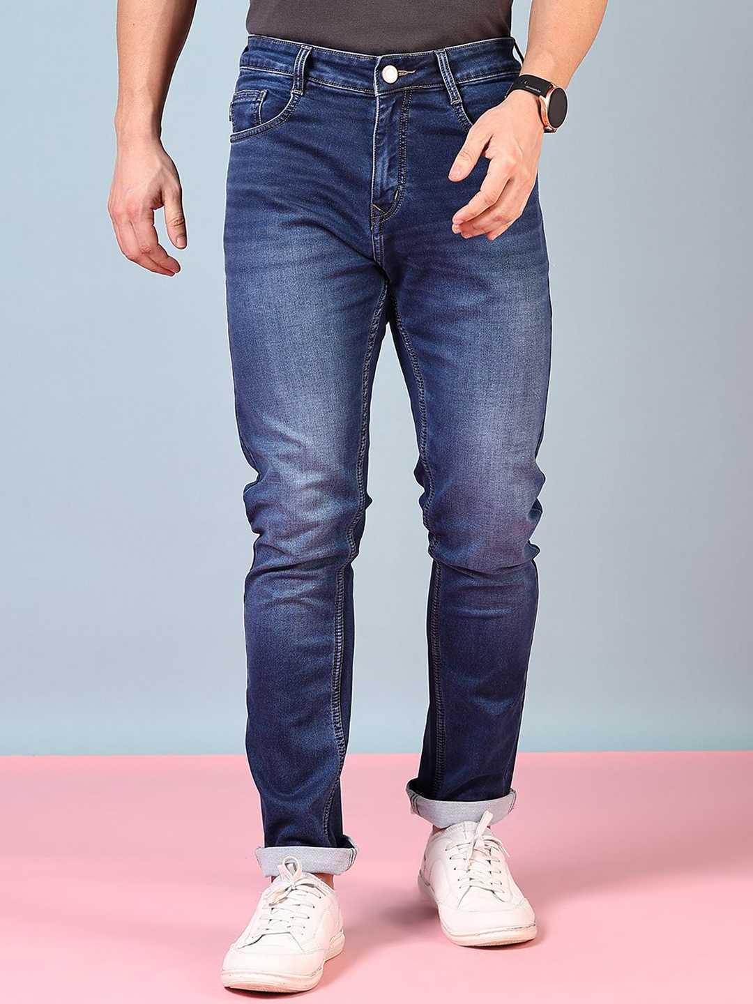 

V-Mart Men Solid Cotton Knitted Denim Mid-Rise Jeans, Blue