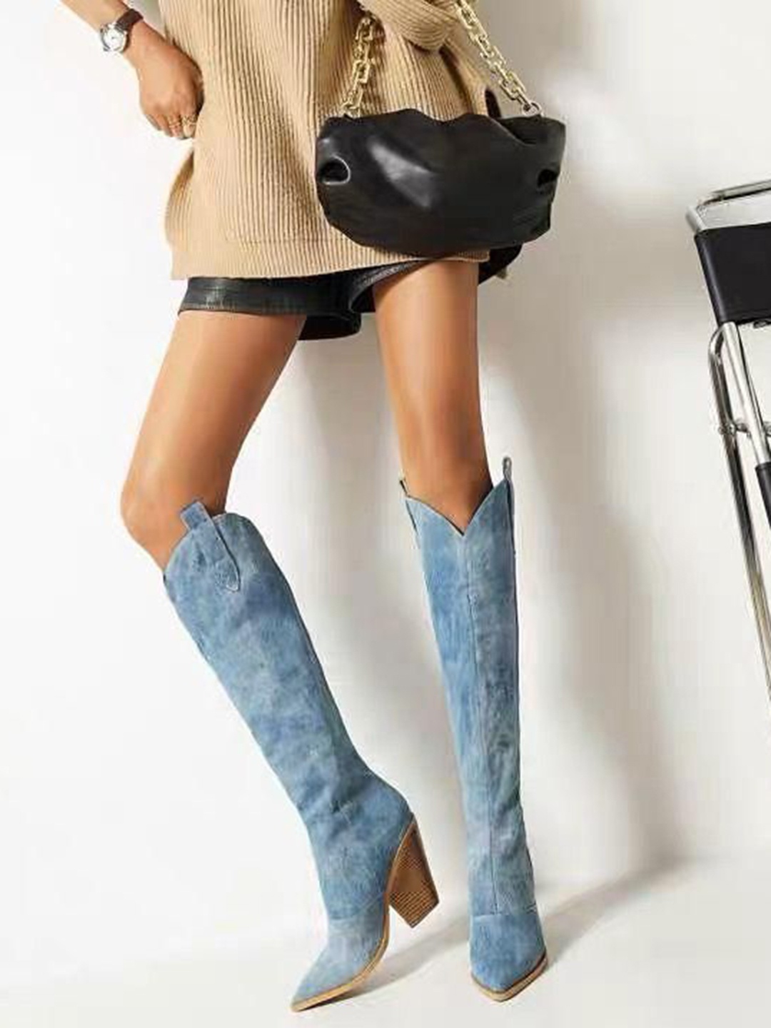 

Alamode By Akanksha Blue Denim Cowboy Blockheel Boots