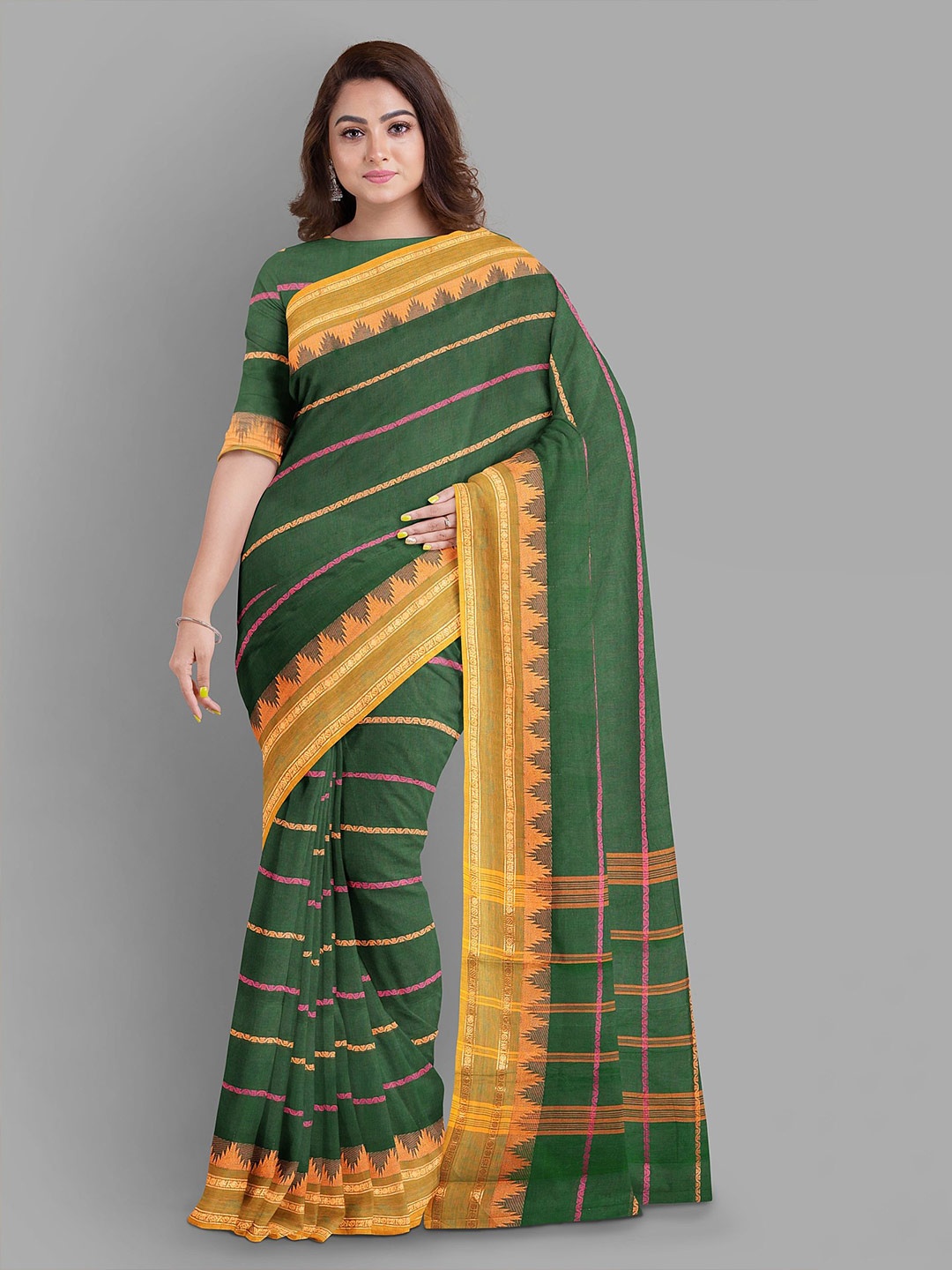 

The Chennai Silks Woven Design Zari Pure Cotton Fusion Chettinad Saree, Green