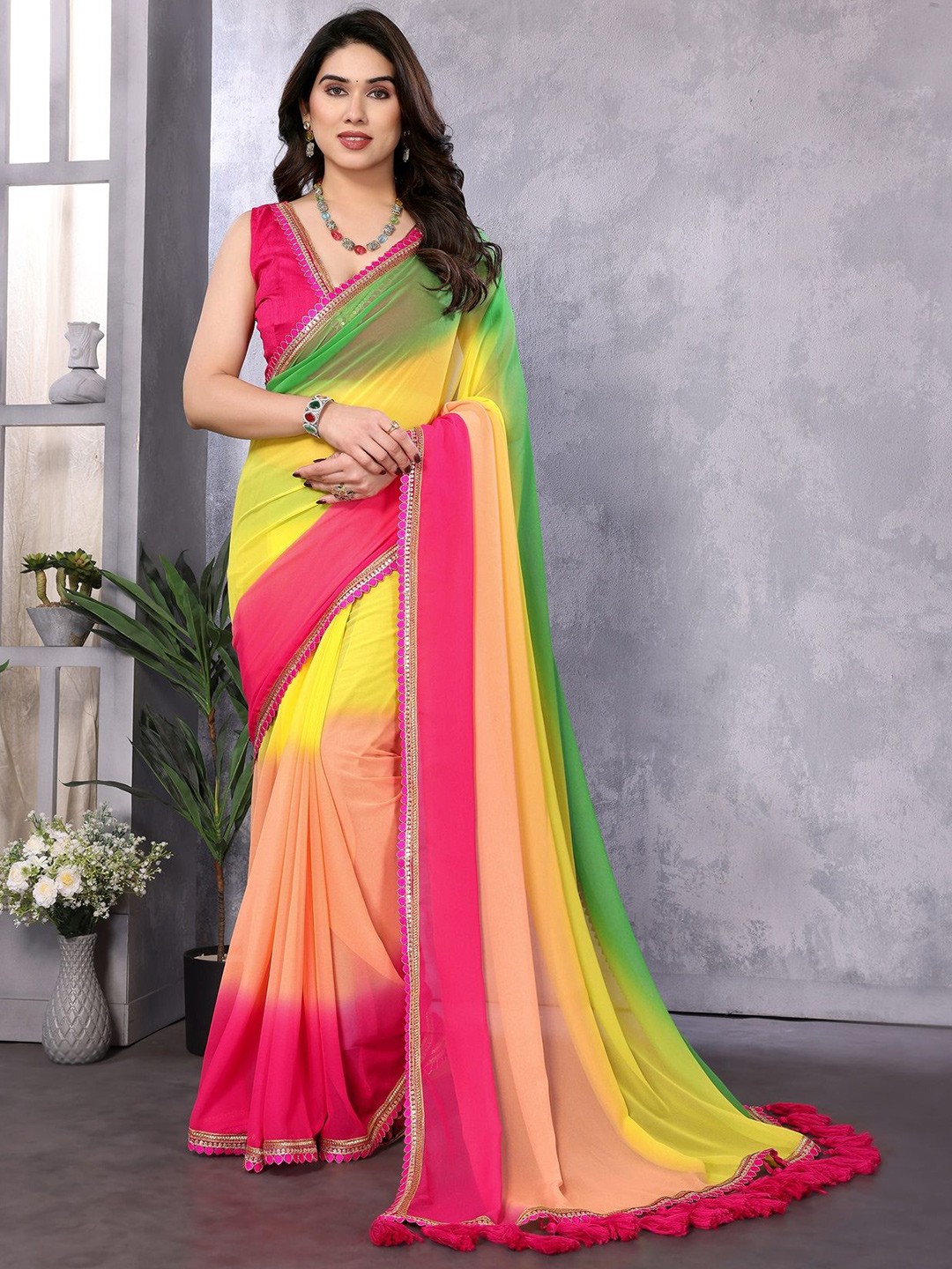 

Fashion FRICKS Ombre Sequinned Poly Georgette Saree, Green