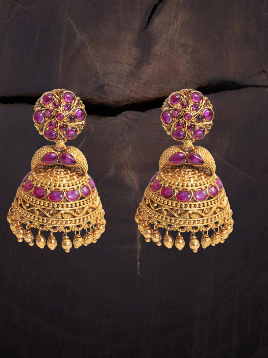 

South Temple Jewellery Gold-Plated Artificial Stoned Studded Dome Shaped Jhumkas
