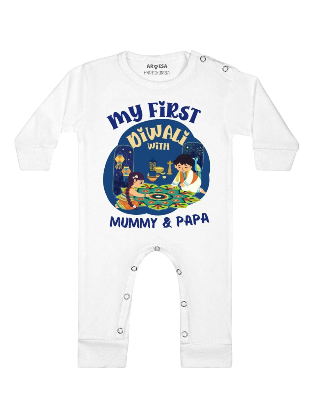 

Arvesa First Diwali Printed Baby Romper, White