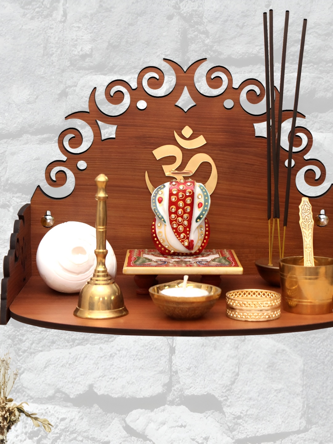

HEARTILY Maroon & Gold-Toned Floral Wall Mounted Wooden Home Temple