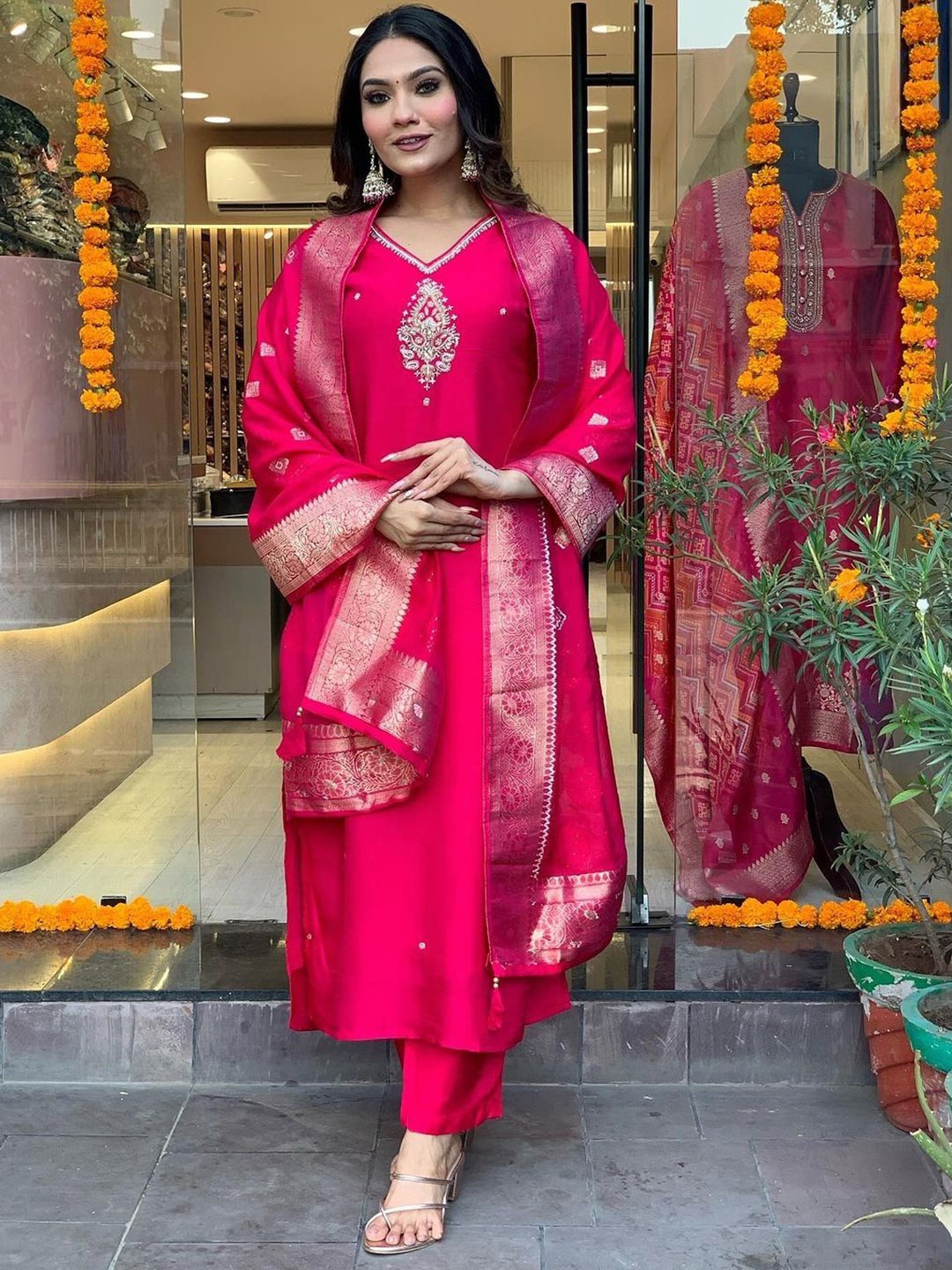 

NIRMAL CREATION Embroidered V Neck Pure Cotton Kurta With Trousers & Dupatta, Pink