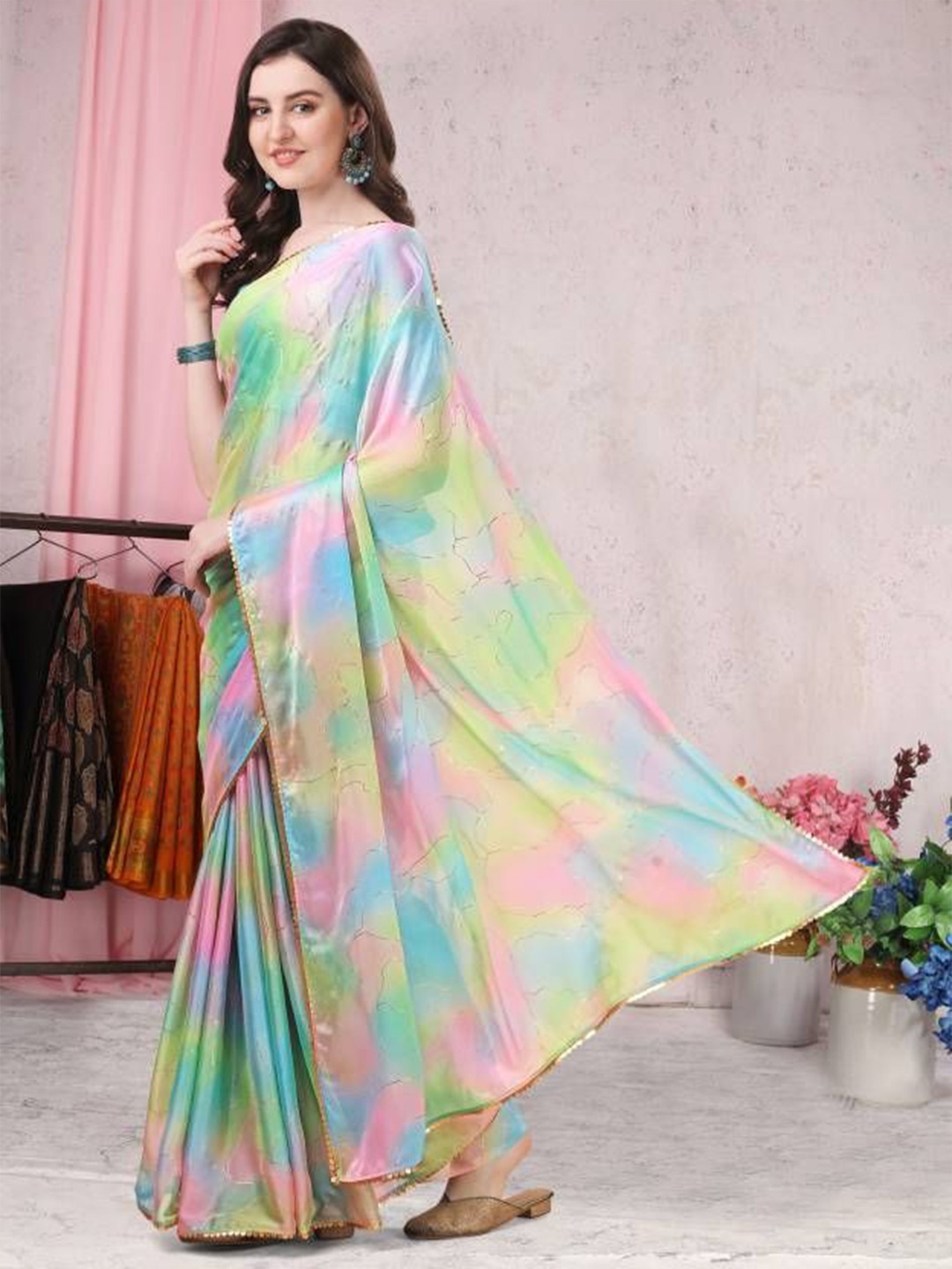 

Moda Rapido Tie and Dye Mirror Work Poly Chiffon Saree, Green