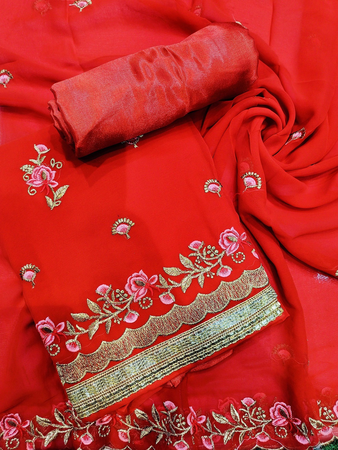 

REET MAHAL Floral Zari Embroidered Art Silk Unstitched Dress Material, Red