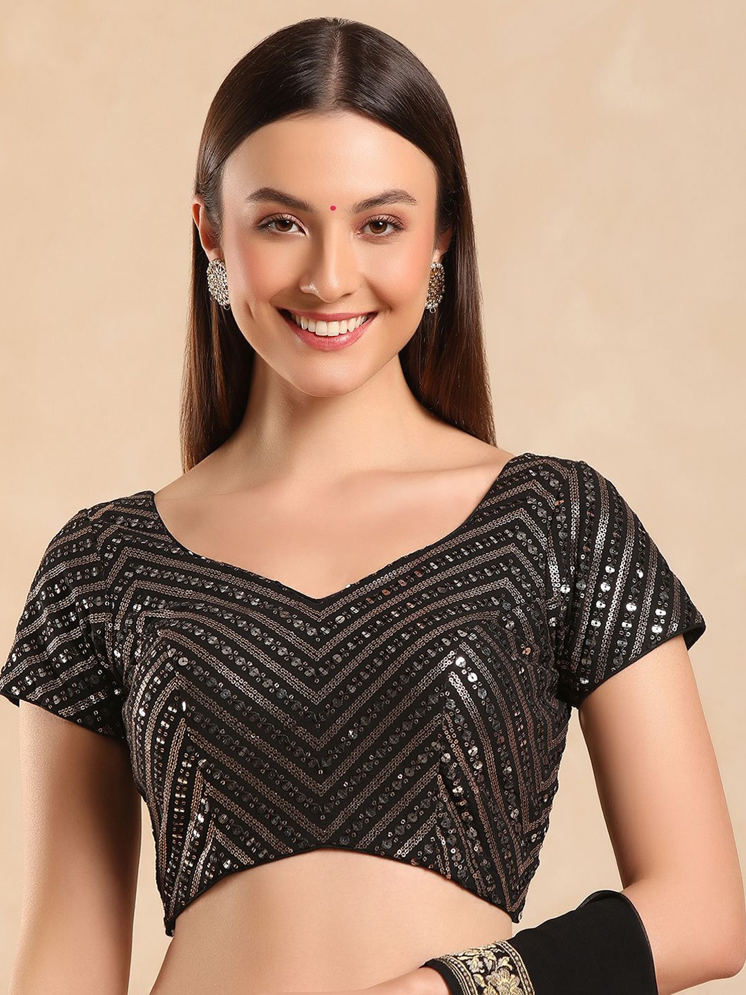 

Happy Owl Sequin Embellished Padded Saree Blouse, Black