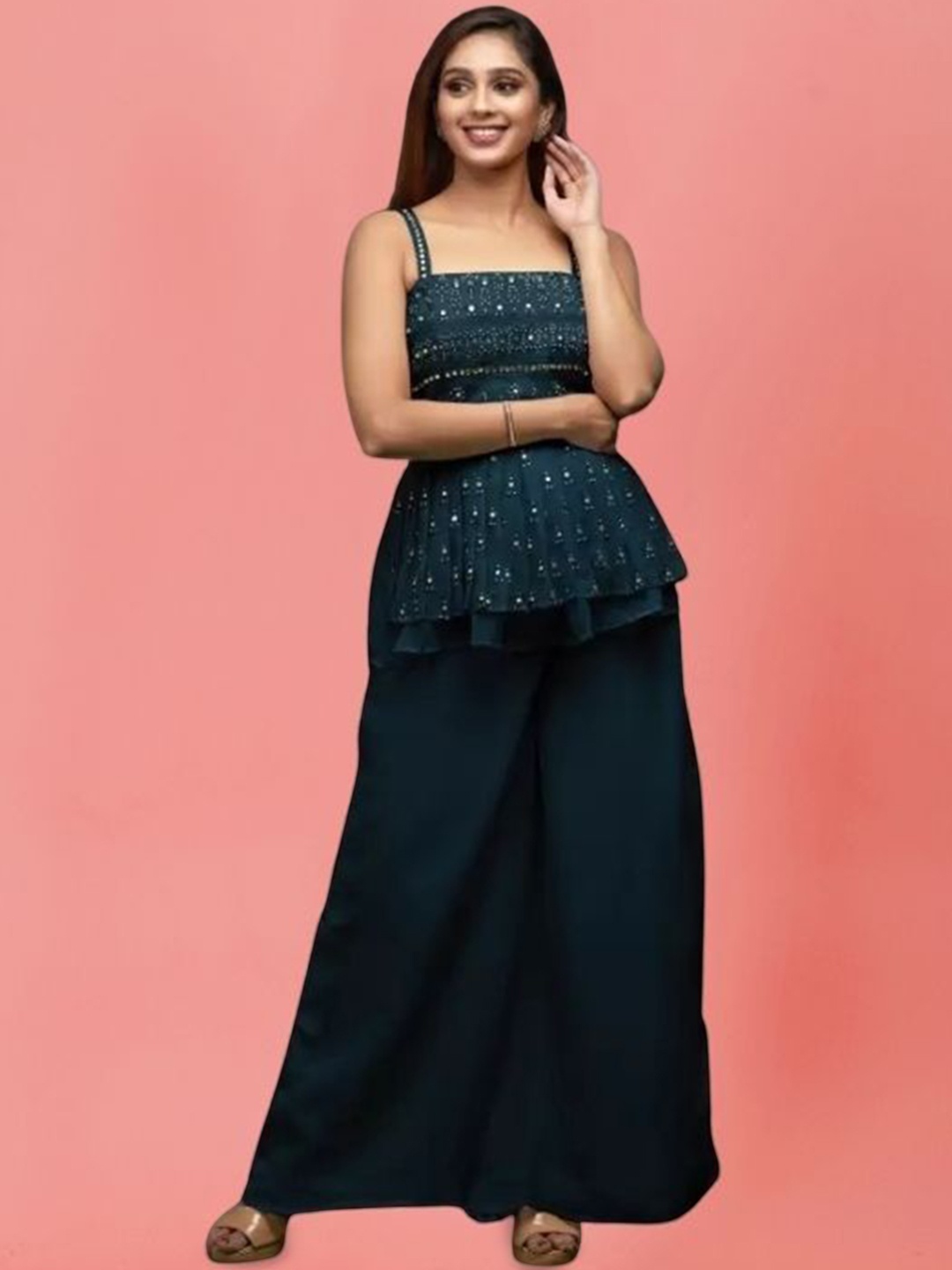 

PARROT CREATION Mirror Embroidered Sequinned Round Neck Kurti with Sharara & Dupatta, Green