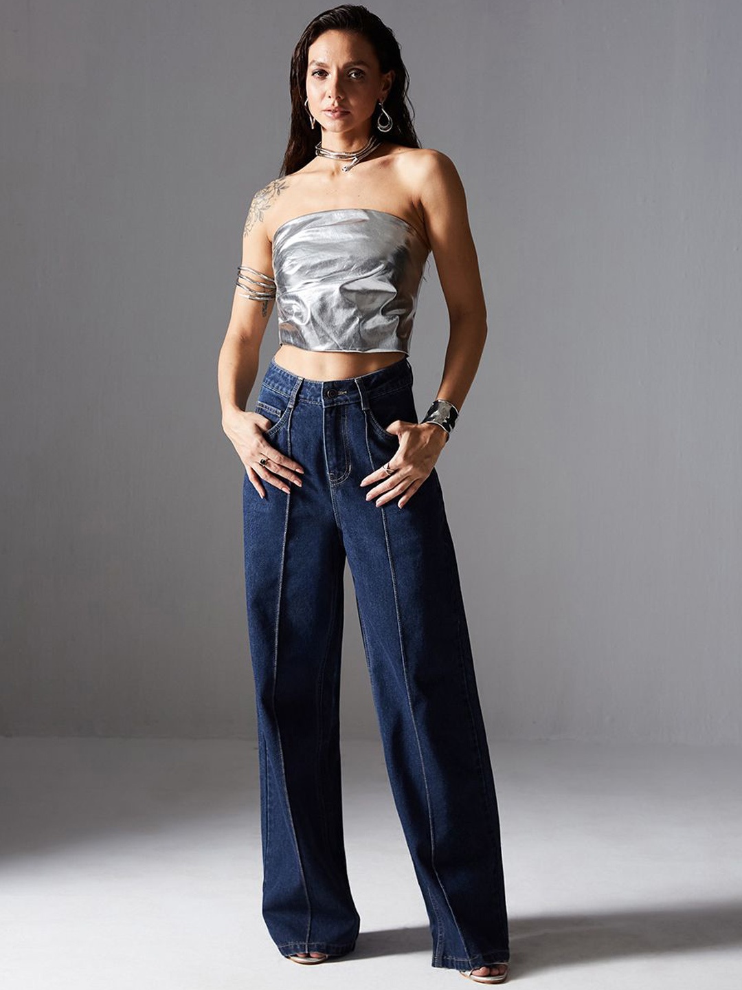 

Miss Chase Women Wide Leg High-Rise Light Fade Jeans, Blue
