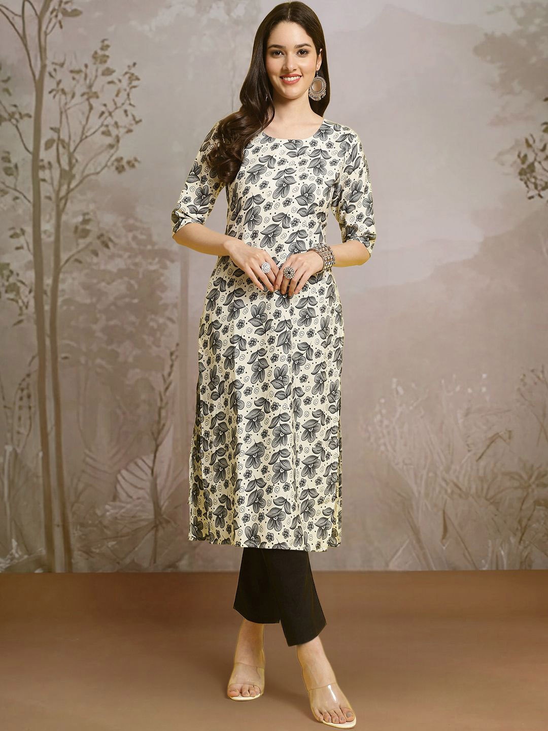 

Moda Rapido Floral Printed Round Neck Straight Kurta With Trouser, Grey