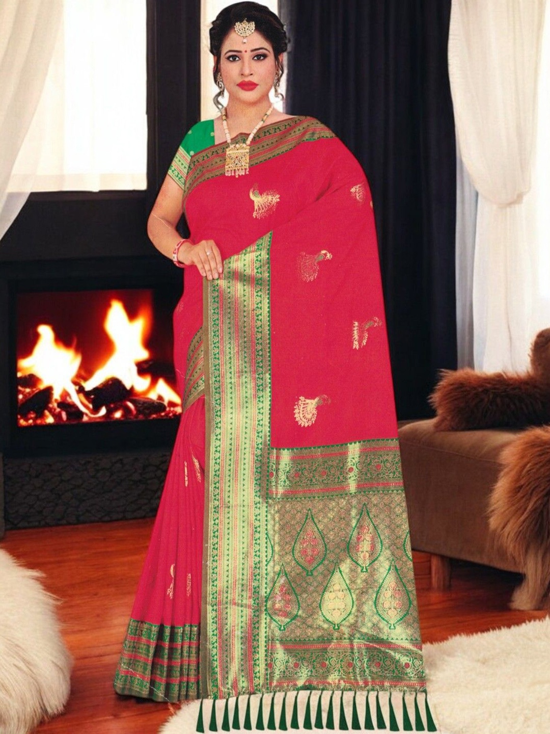 

SHOPPKEE Woven Design Silk Blend Designer Banarasi Saree, Red